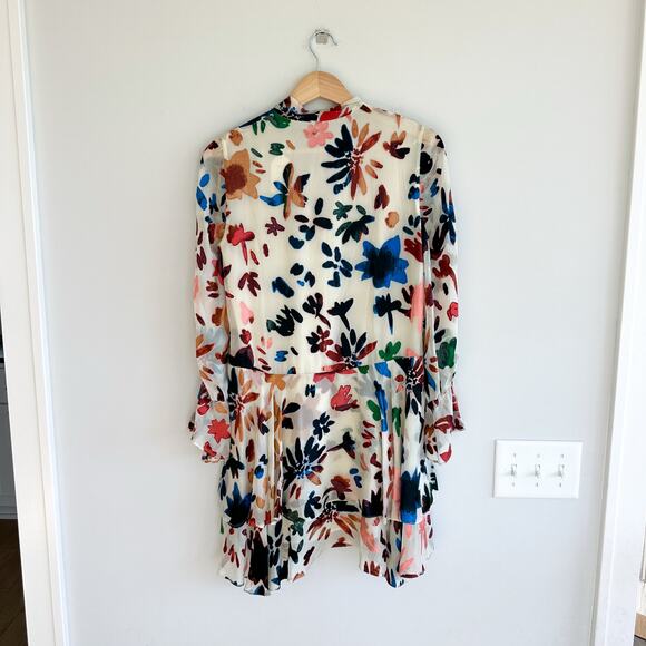 Alice + Olivia Moore Velvet Floral Print Tiered Mini Dress Cream/Blue XS - Picture 3 of 13